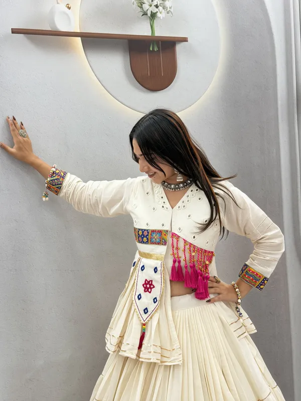 Traditional_Off-White_Cotton_Navratri_Chaniya_Choli_Set_with_Koti_Jacket,_Mirror_Work_&_Gota_Patti_Accent