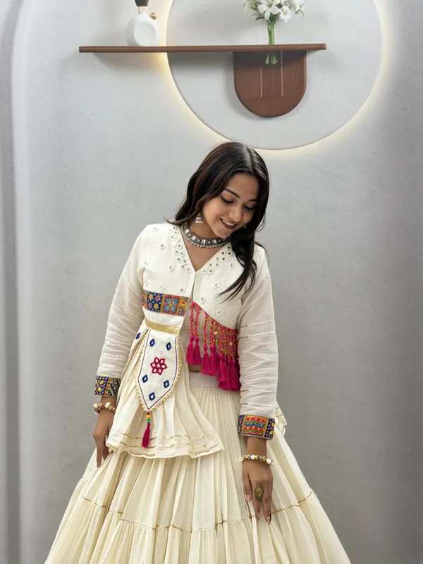 Traditional_Off-White_Cotton_Navratri_Chaniya_Choli_Set_with_Koti_Jacket,_Mirror_Work_&_Gota_Patti_Accent