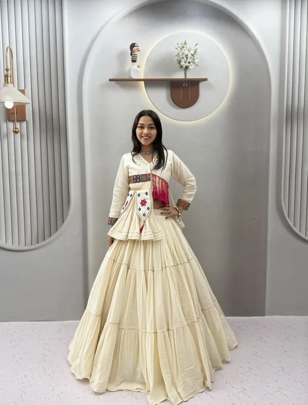 Traditional_Off-White_Cotton_Navratri_Chaniya_Choli_Set_with_Koti_Jacket,_Mirror_Work_&_Gota_Patti_Accent