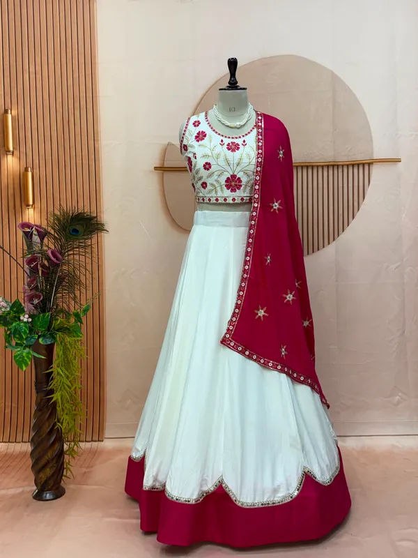 White_Floral_Embroidered_Lehenga_Set_with_Pink_Dupatta