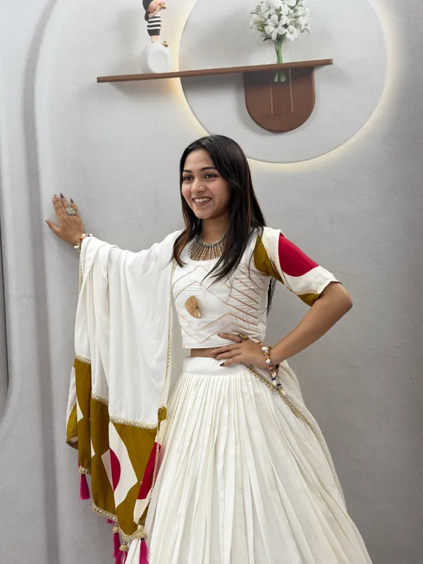 White_&_Mustard_Pre-Draped__Lehenga_Dupatta_Set_with_Designer_Blouse