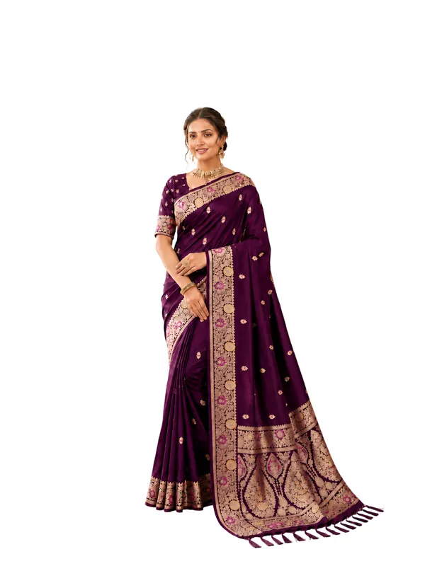 Wine_Banarasi_Silk_Saree_with_Intricate_Gold_Zari_&_Floral_Border