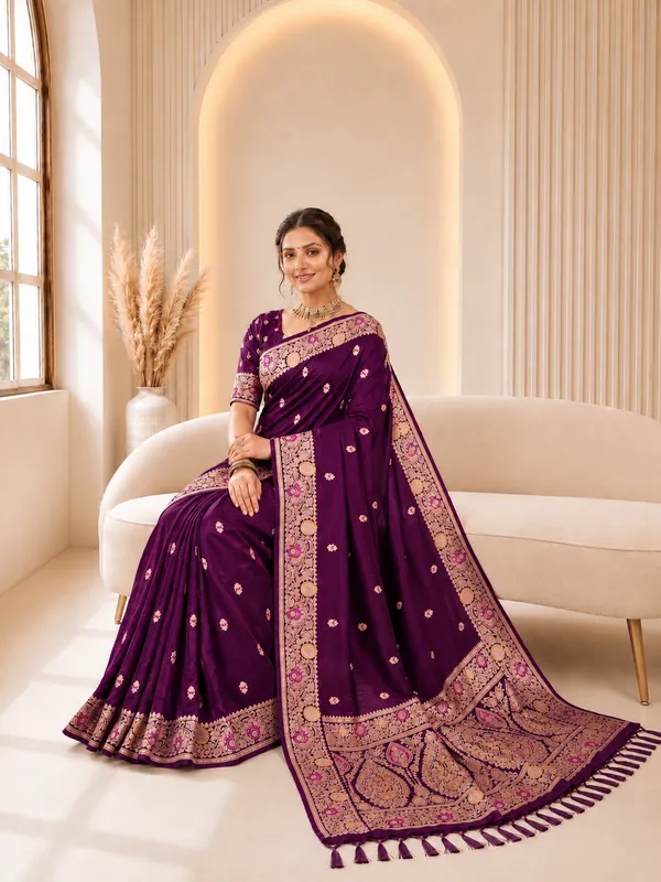 Wine_Banarasi_Silk_Saree_with_Intricate_Gold_Zari_&_Floral_Border
