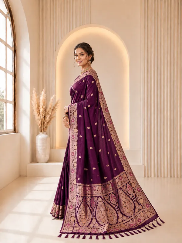 Wine_Banarasi_Silk_Saree_with_Intricate_Gold_Zari_&_Floral_Border