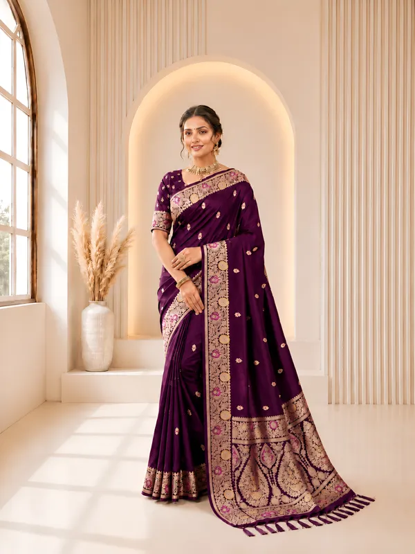 Wine_Banarasi_Silk_Saree_with_Intricate_Gold_Zari_&_Floral_Border