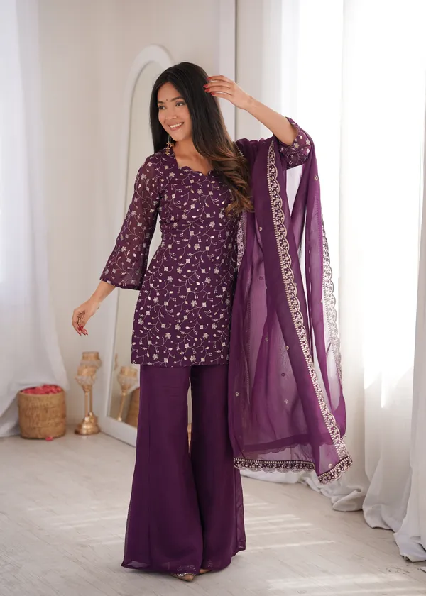 Wine_Embroidered_Kurti_with_Sharara_Pants_&_Dupatta_Set