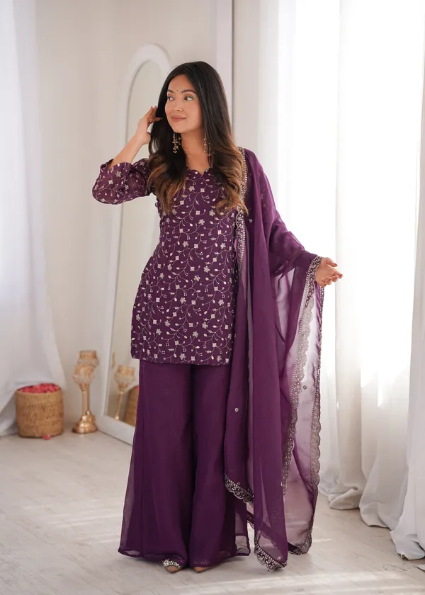 Wine_Embroidered_Kurti_with_Sharara_Pants_&_Dupatta_Set