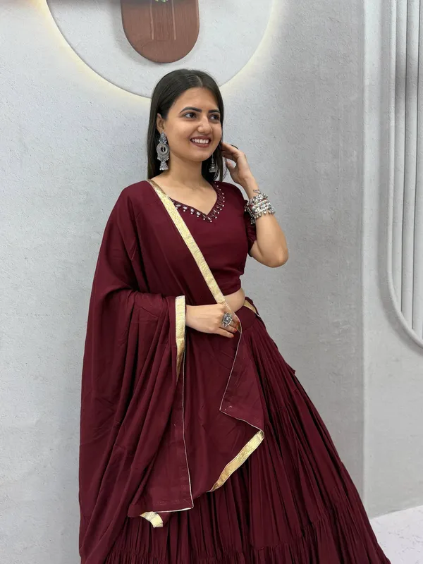 Wine_Mirror_Work_Choli_with_Pleated_Lehenga_&_Dupatta