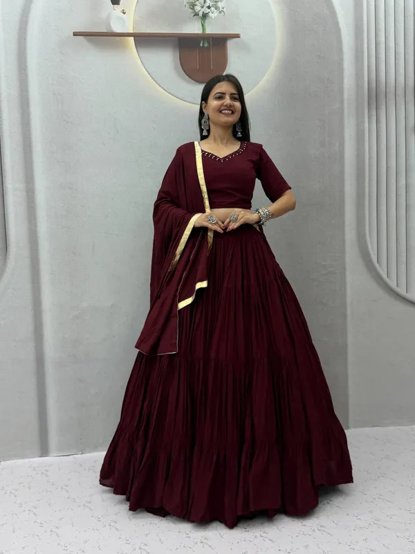 Wine_Mirror_Work_Choli_with_Pleated_Lehenga_&_Dupatta