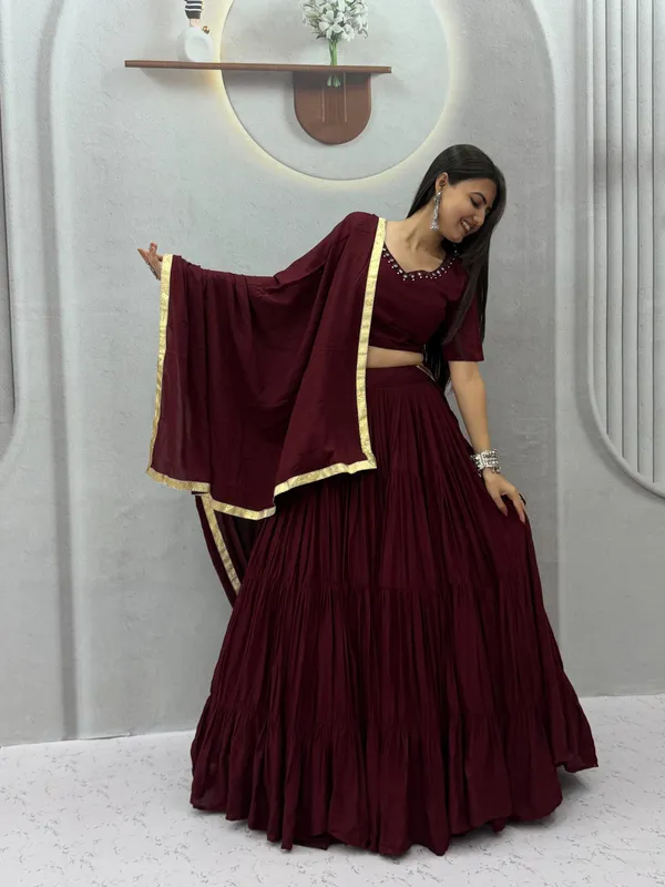 Wine_Mirror_Work_Choli_with_Pleated_Lehenga_&_Dupatta