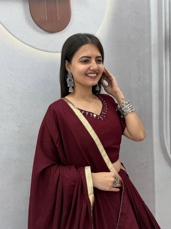 Wine_Mirror_Work_Choli_with_Pleated_Lehenga_&_Dupatta