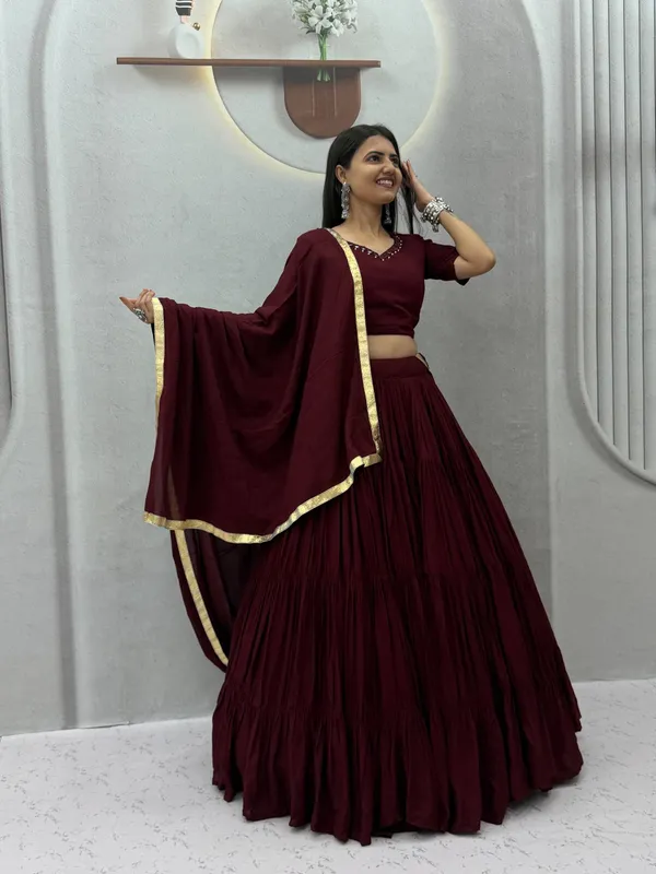 Wine_Mirror_Work_Choli_with_Pleated_Lehenga_&_Dupatta