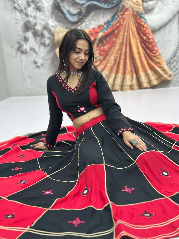 Women's_Black_&_Rani_Pink_Color-Blocked_Chaniya_Choli_Set_with_Mirror_Work