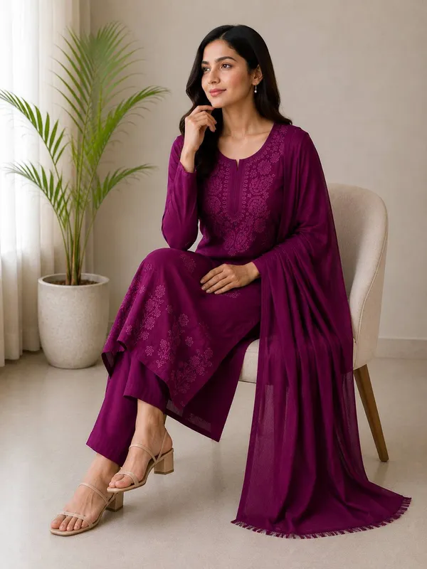 Women's_Magenta_Wine_Chikankari_Embroidered_Kurta_Set_with_Dupatta_&_Trousers