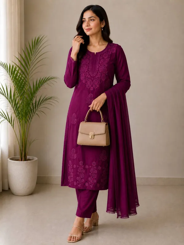 Women's_Magenta_Wine_Chikankari_Embroidered_Kurta_Set_with_Dupatta_&_Trousers