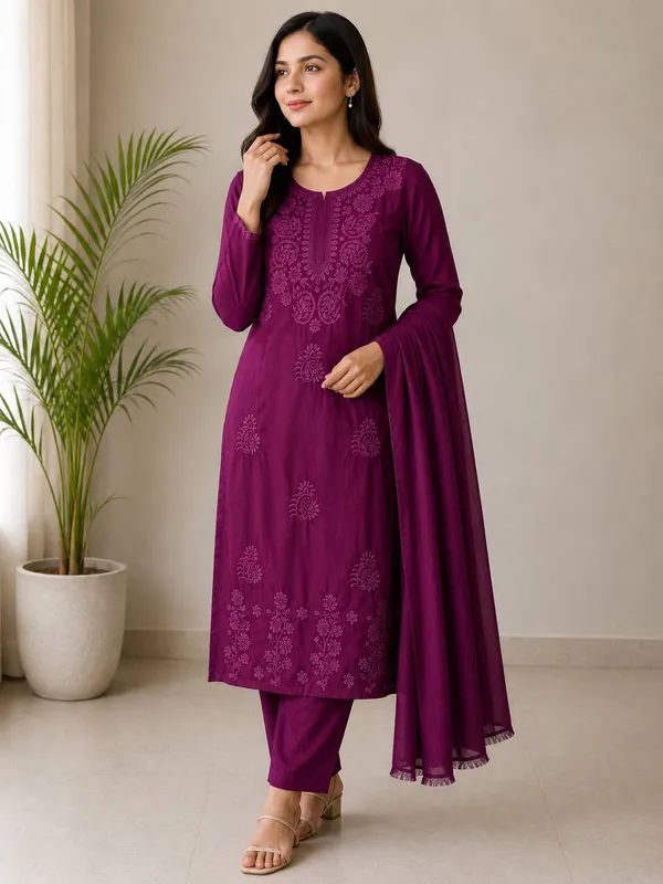 Women's_Magenta_Wine_Chikankari_Embroidered_Kurta_Set_with_Dupatta_&_Trousers