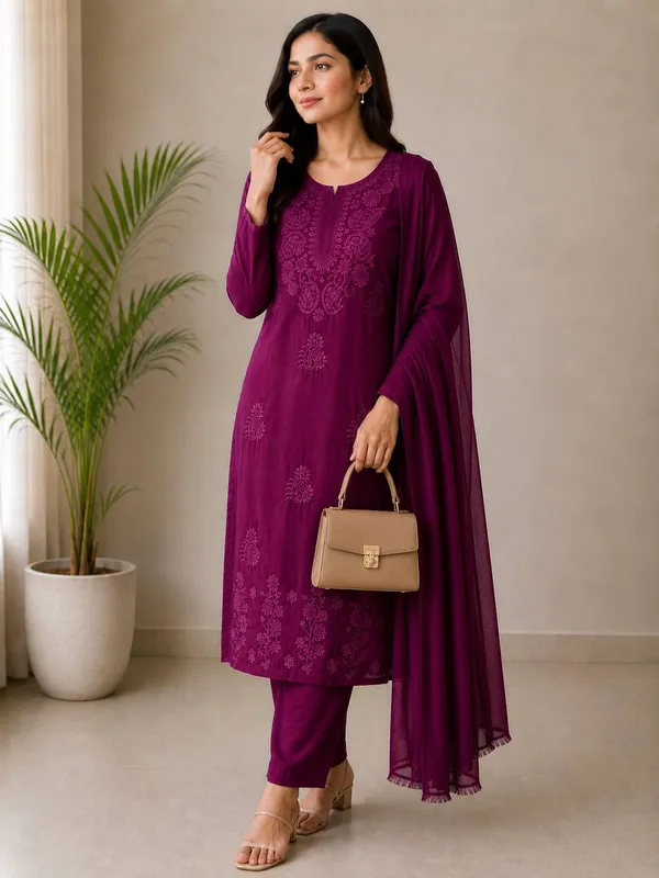 Women's_Magenta_Wine_Chikankari_Embroidered_Kurta_Set_with_Dupatta_&_Trousers