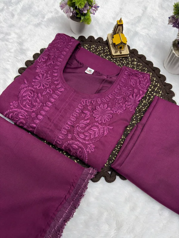 Women's_Magenta_Wine_Chikankari_Embroidered_Kurta_Set_with_Dupatta_&_Trousers