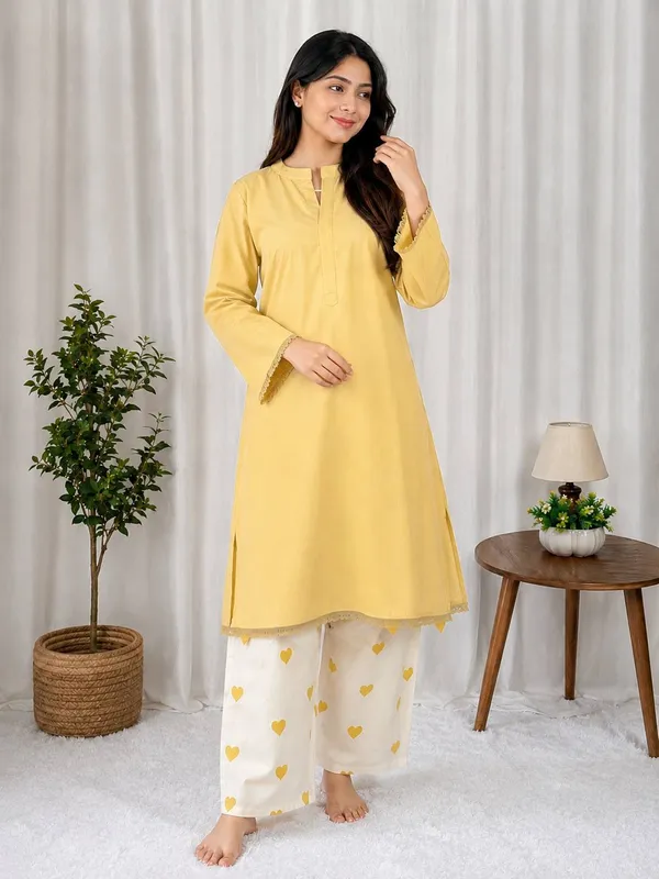 Yellow_Straight_Kurti_with_Off-White_Heart_Print_Pants_Set
