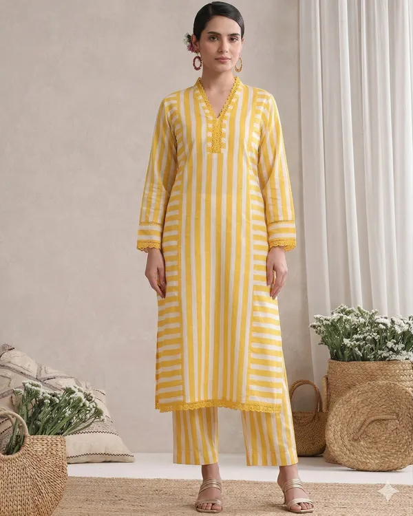 Yellow_Striped_Cotton_Kurta_&_Straight_Pant_Set