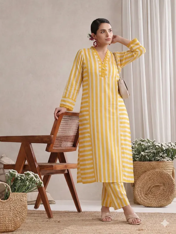 Yellow_Striped_Cotton_Kurta_&_Straight_Pant_Set