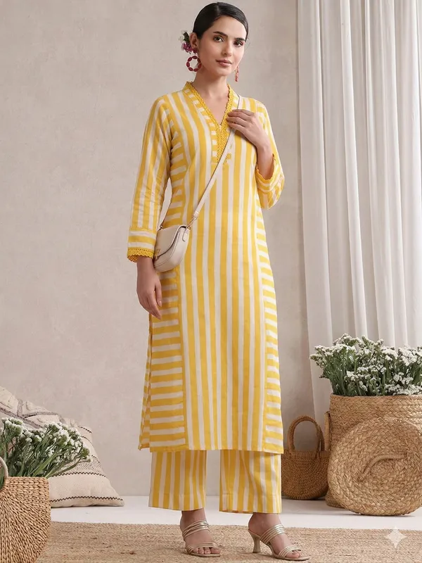 Yellow_Striped_Cotton_Kurta_&_Straight_Pant_Set