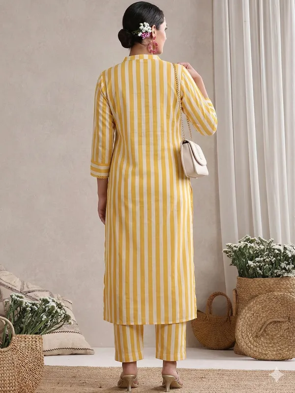 Yellow_Striped_Cotton_Kurta_&_Straight_Pant_Set
