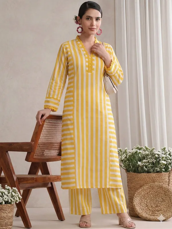 Yellow_Striped_Cotton_Kurta_&_Straight_Pant_Set