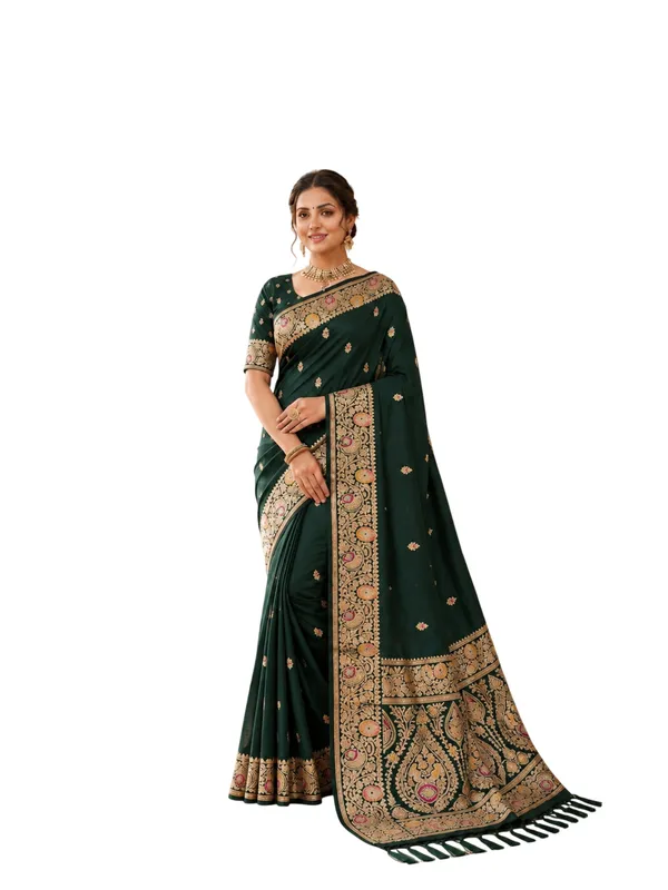 Bottle_Green_Banarasi_Silk_Saree_with_Intricate_Gold_Zari_&_Floral_Border
