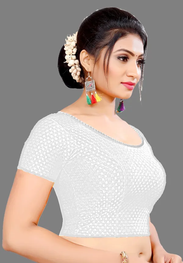 White_Cotton_Textured_Round_Neck_Short_Sleeve_Blouse_For_Women