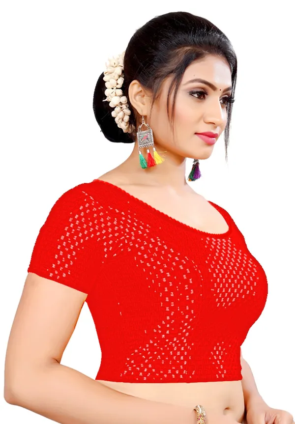 Red_Knit_Stretchable_Short_Sleeve_Saree_Blouse_For_Women