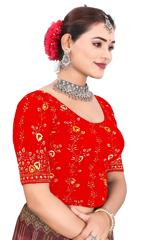 Red_Cotton_Floral_Printed_Round_Neck_Saree_Blouse_For_Women