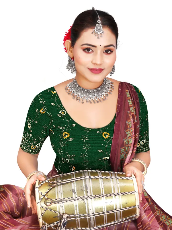 Green_Crinkle_Fabric_Floral_Embroidered_Elbow_Sleeve_Saree_Blouse_For_Women