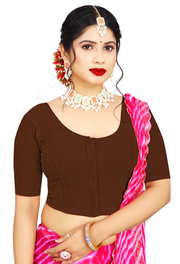 Brown_Cotton_Textured_Stretch_Scoop_Neck_Saree_Blouse_For_Women