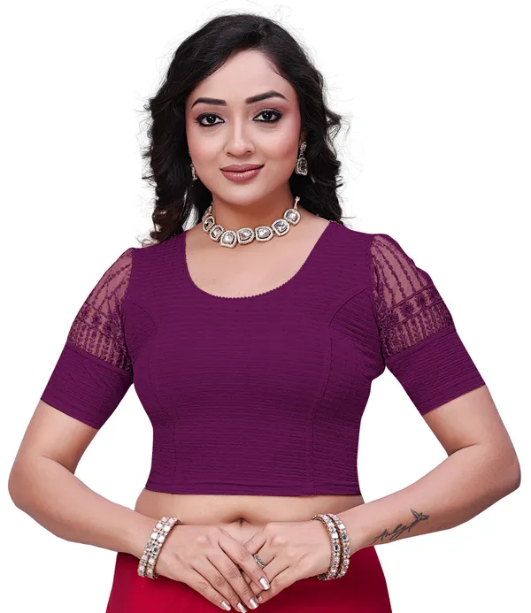 Purple_Textured_Net_Sleeve_Round_Neck_Fitted_Saree_Blouse_For_Women