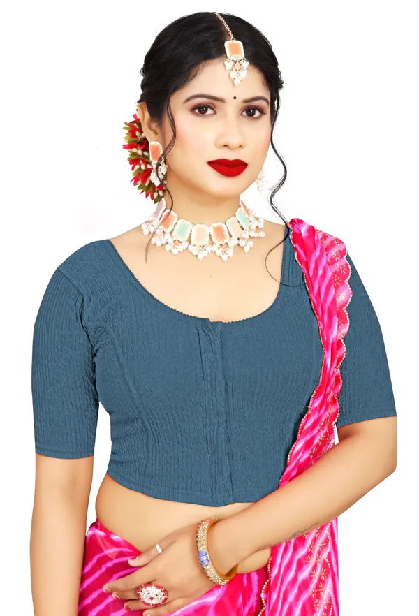 Teal_Textured_Cotton_Front_Hook_Elbow_Sleeve_Saree_Blouse_For_Women