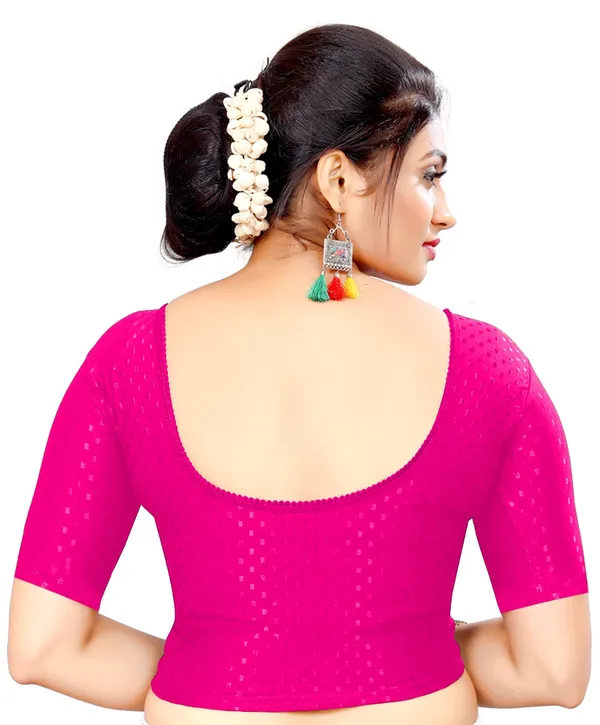 Pink_Cotton_Textured_Round_Neck_Elbow_Sleeve_Saree_Blouse_For_Women