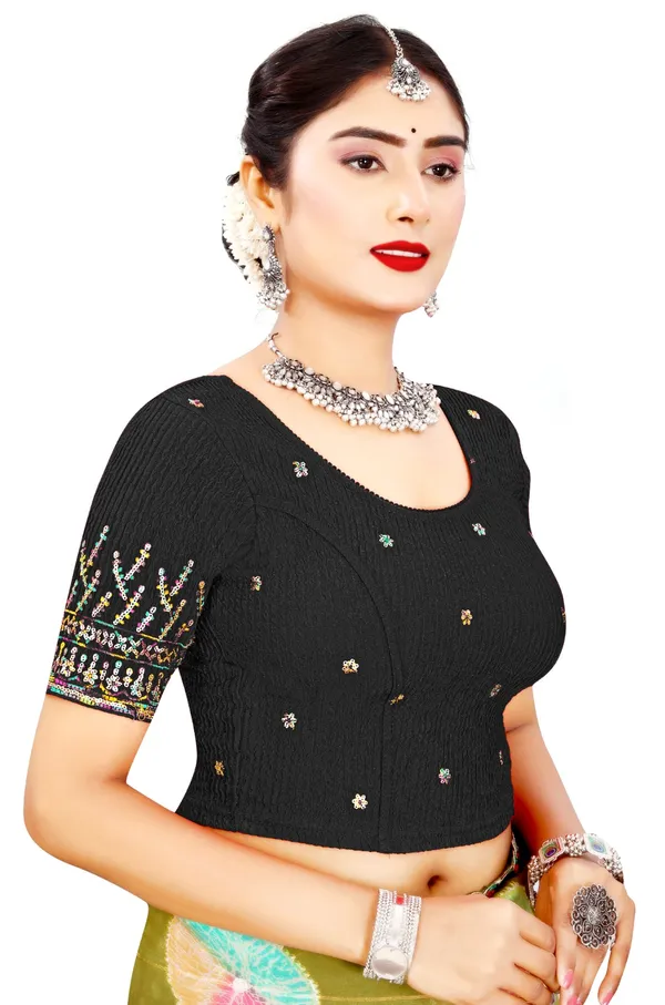 Black_Cotton_Crinkle_Embroidered_Round_Neck_Saree_Blouse_For_Women