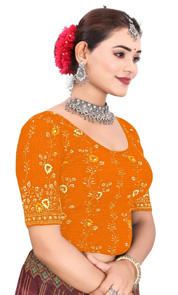 Orange_Cotton_Floral_Printed_Round_Neck_Saree_Blouse_For_Women