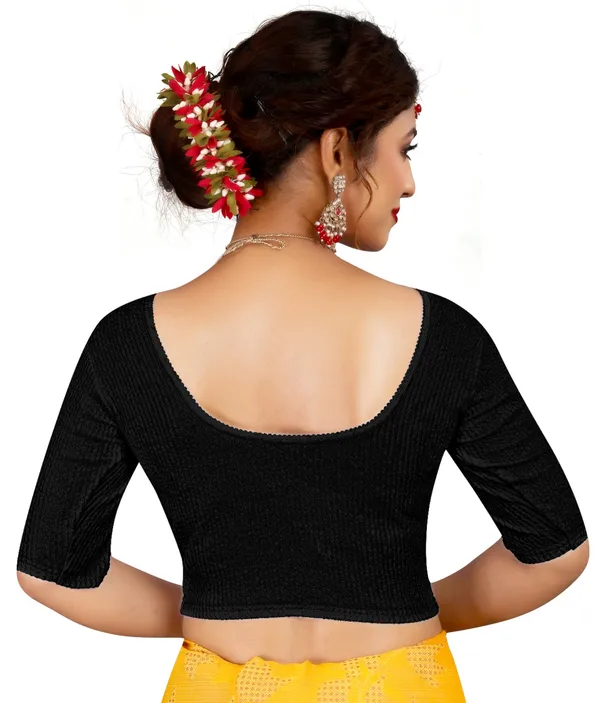 Black_Cotton_Textured_Round_Neck_Elbow_Sleeve_Blouse_For_Women