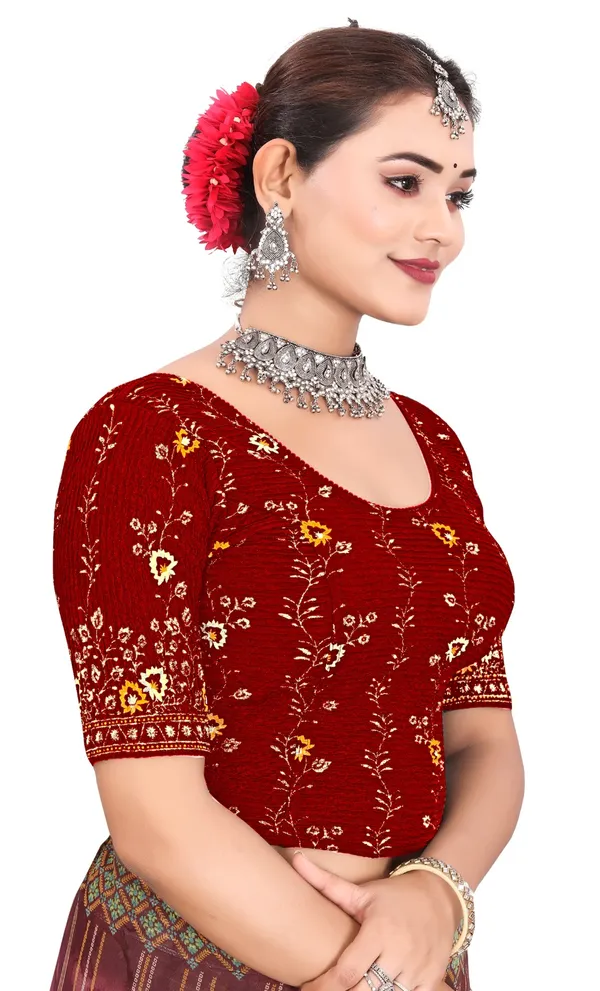 Maroon_Cotton_Floral_Embroidered_Round_Neck_Saree_Blouse_For_Women