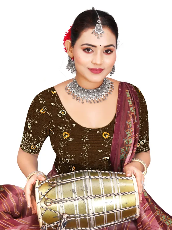 Brown_Cotton_Floral_Embroidered_Round_Neck_Saree_Blouse_For_Women