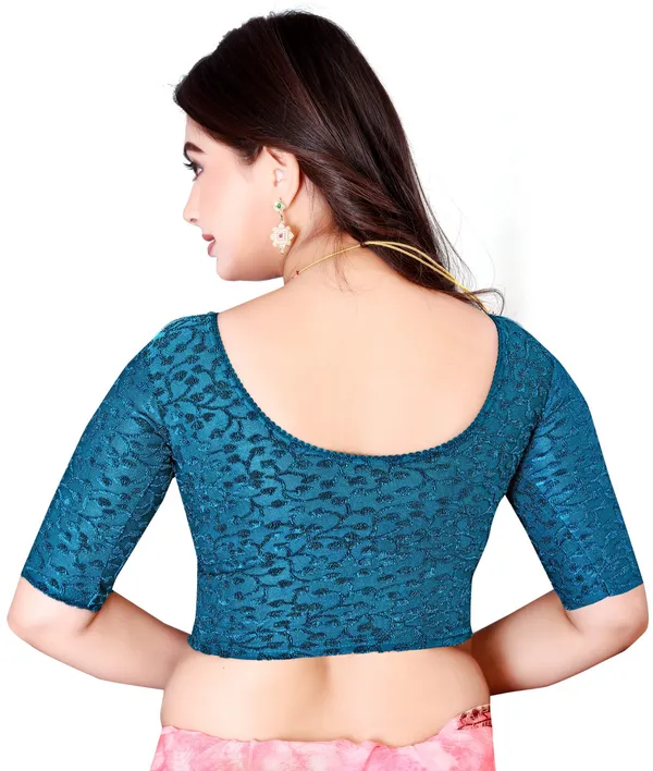 Teal_Jacquard_Stretch_Round_Neck_Elbow_Sleeve_Saree_Blouse_For_Women