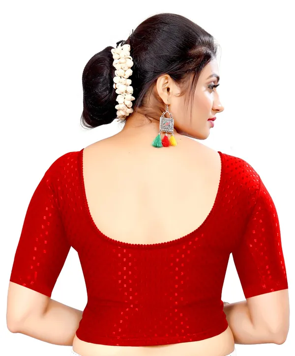 Red_Cotton_Textured_Scallop_Neck_Elbow_Sleeve_Saree_Blouse_For_Women