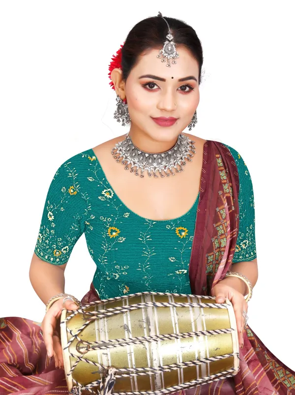 Sea_Green_Cotton_Crinkle_Floral_Printed_Round_Neck_Saree_Blouse_For_Women
