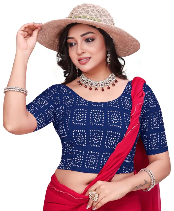 Blue_Cotton_Bandhani_Print_Half_Sleeve_Saree_Blouse_For_Women
