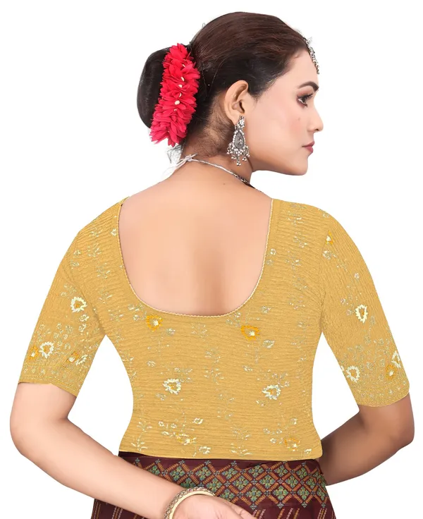 Yellow_Cotton_Crinkle_Floral_Embroidered_Elbow_Sleeve_Saree_Blouse_For_Women