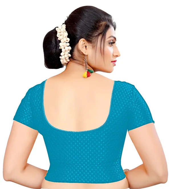 Blue_Stretch_Knit_Round_Neck_Short_Sleeve_Fitted_Saree_Blouse_For_Women