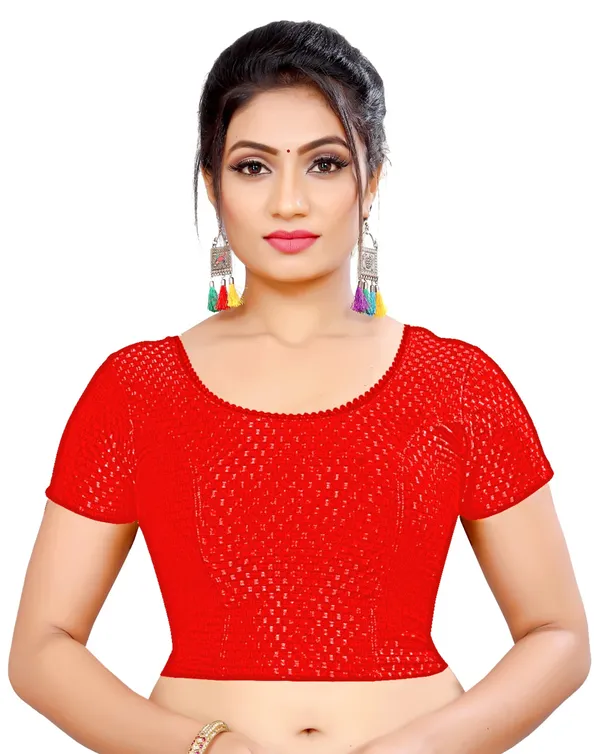 Red_Knit_Stretchable_Short_Sleeve_Saree_Blouse_For_Women