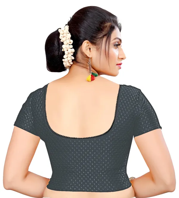 Black_Cotton_Textured_Round_Neck_Short_Sleeve_Blouse_For_Women